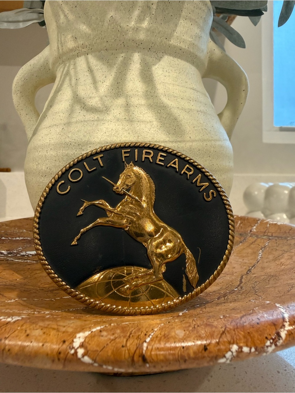 Vintage Colt Firearms Brass Belt Buckle Rampant Horse Western